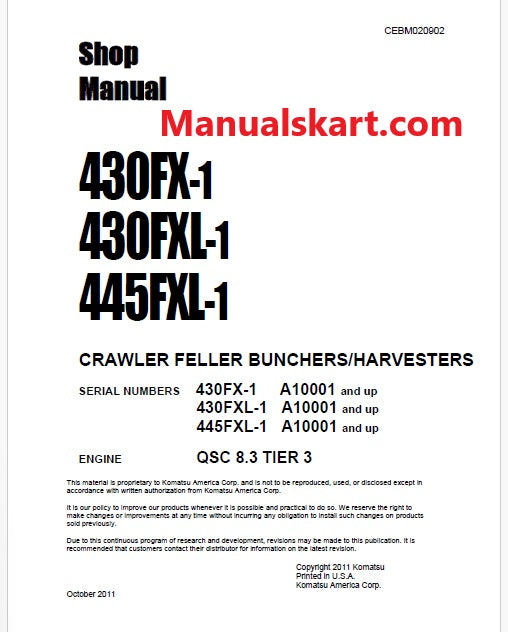 Komatsu 430FX-1, 430FXL-1, 445FXL-1 Crawler Feller Bunchers/Harvesters Pdf Repair Service Manual Sn A10001 and UP
