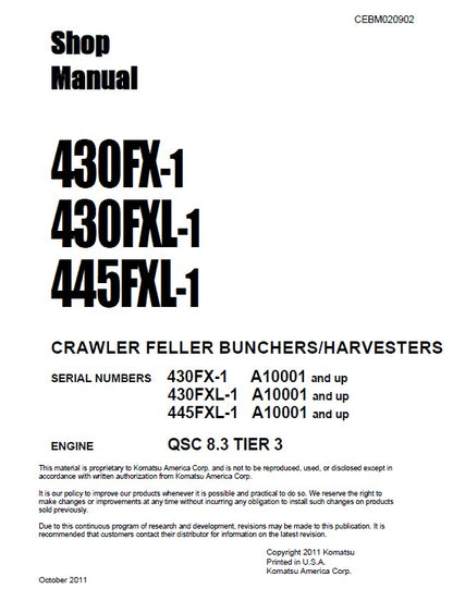 Komatsu 430FX-1, 430FXL-1, 445FXL-1 Crawler Feller Bunchers Harvesters Tier 3 Pdf Shop Repair Service Manual (Sn A10001 And Up)