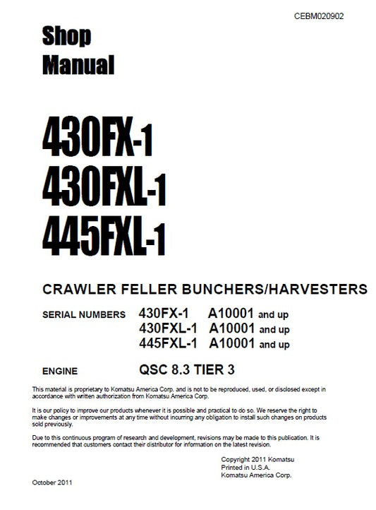 Komatsu 430FX-1, 430FXL-1, 445FXL-1 Crawler Feller Bunchers Harvesters Tier 3 Pdf Shop Repair Service Manual (Sn A10001 And Up)