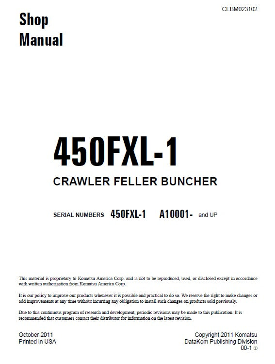 Komatsu 450FXL-1 Crawler Feller Buncher Pdf Shop Repair Service Manual (Sn A10001 And Up)