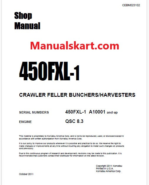 Komatsu 450FXL-1 Crawler Feller Bunchers/Harvesters Pdf Repair Service Manual Sn A10001 and UP