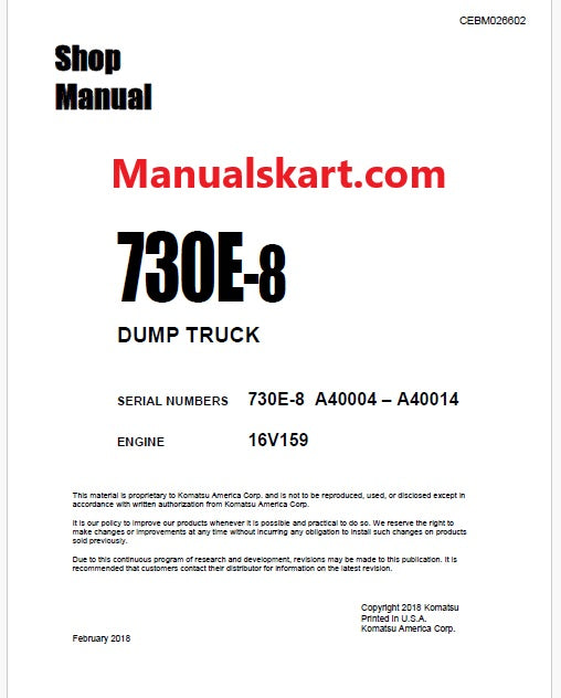 Komatsu 730E-8 Dump Truck Pdf Repair Service Manual A40004 – A40014