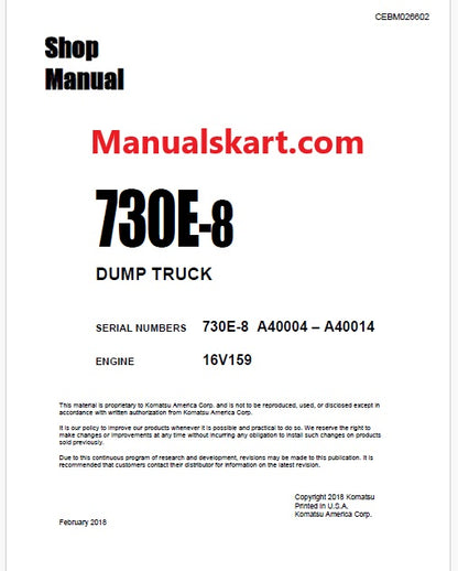 Komatsu 730E-8 Dump Truck Pdf Repair Service Manual A40004 – A40014