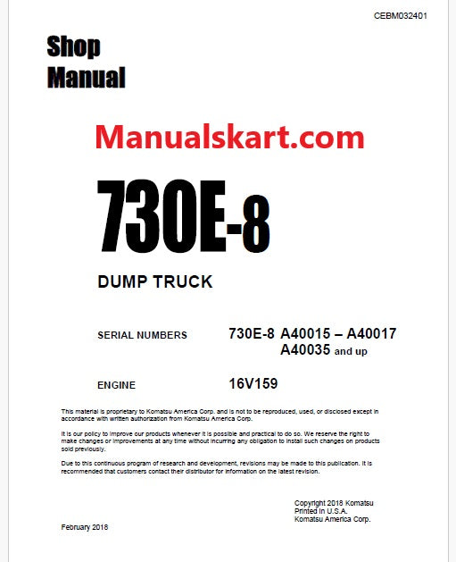 Komatsu 730E-8 Dump Truck Pdf Repair Service Manual A40015 – A40017, A40035 and UP