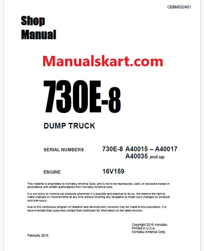 Komatsu 730E-8 Dump Truck Pdf Repair Service Manual A40015 – A40017, A40035 and UP