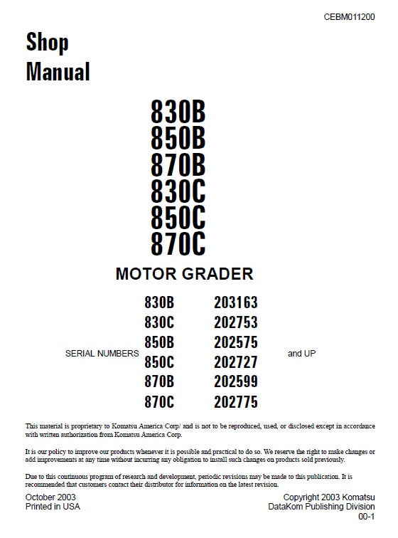 Komatsu 830B, 830C, 850B, 850C, 870B, 870C Motor Grader Pdf Shop Repair Service Manual