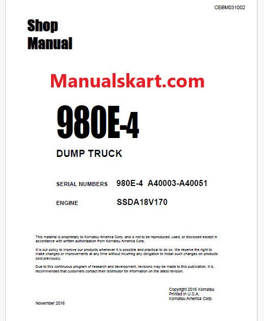 Komatsu 980E-4 Dump Truck Pdf Repair Service Manual Sn A40003-A40051