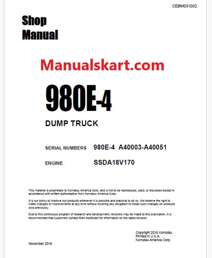 Komatsu 980E-4 Dump Truck Pdf Repair Service Manual Sn A40003-A40051