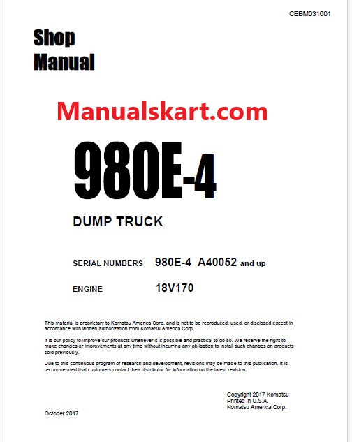 Komatsu 980E-4 Dump Truck Pdf Repair Service Manual Sn A40052 and UP