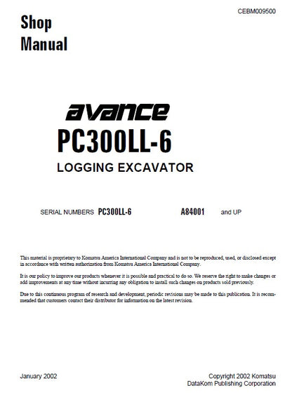 Komatsu Avance PC300LL-6 Logging Excavator Pdf Shop Repair Service Manual (Sn A84001 And UP)