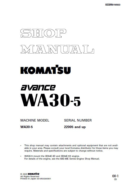 Komatsu Avance WA30-5 Wheel Loader Pdf Shop Repair Service Manual Sn 22005 And Up