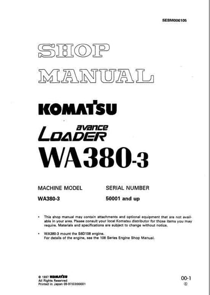 Komatsu Avance WA380-3 Wheel Loader Pdf Shop Repair Service Manual Sn 50001 And Up