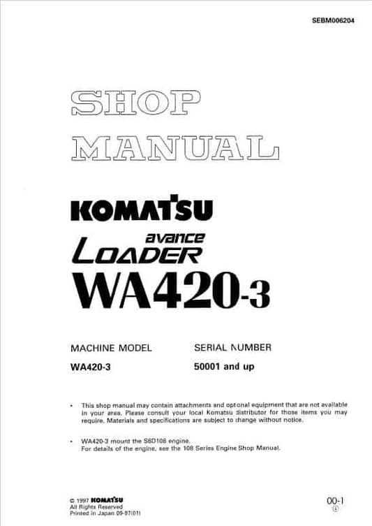 Komatsu Avance WA420-3 Wheel Loader Pdf Shop Repair Service Manual Sn 50001 And Up