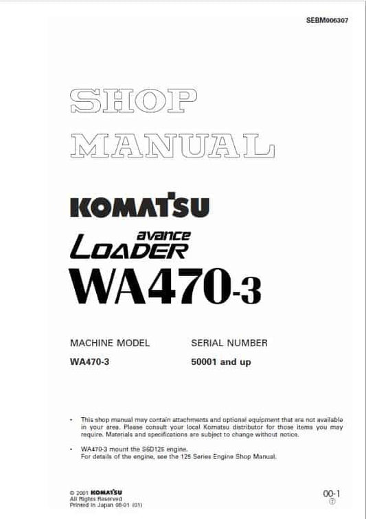 Komatsu Avance WA470-3 Wheel Loader Pdf Shop Repair Service Manual Sn 50001 And Up