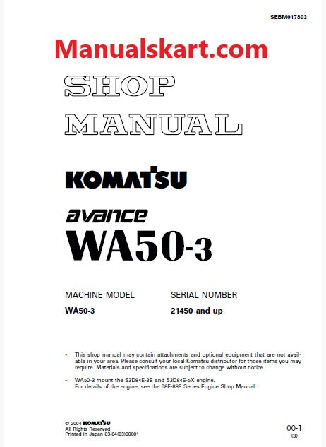 Komatsu Avance WA50-3 Wheel Loader Pdf Repair Service Manual Sn 21450 and UP