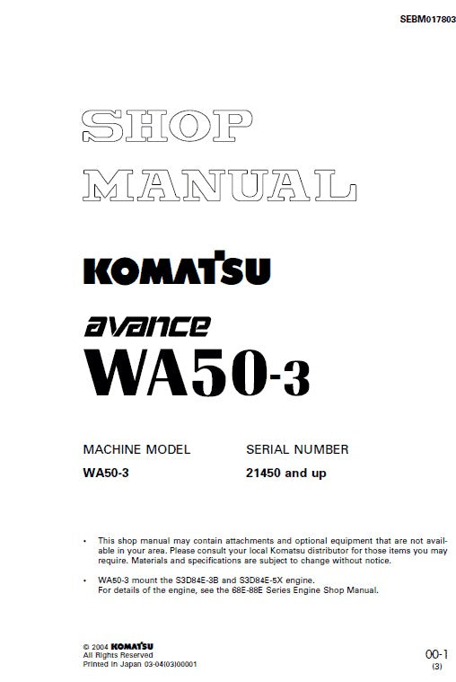 Komatsu Avance WA50-3 Wheel Loader Pdf Shop Repair Service Manual Sn 21450 And UP