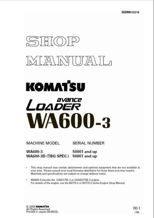 Komatsu Avance WA600-3 Wheel Loader Pdf Shop Repair Service Manual Sn 50001 And UP