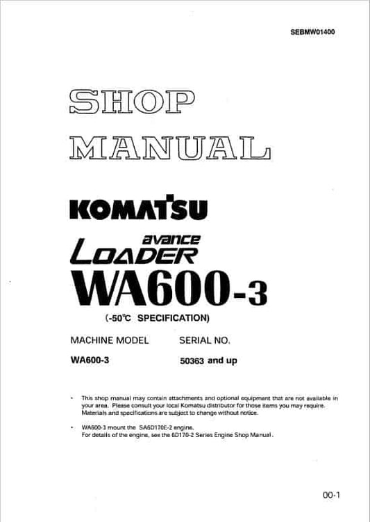 Komatsu Avance WA600-3 Wheel Loader Pdf Shop Repair Service Manual Sn 50363 And Up