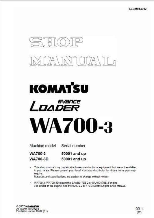 Komatsu Avance WA700-3, WA700-3d Wheel Loader Pdf Shop Repair Service Manual Sn 50001 And UP