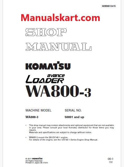 Komatsu Avance WA800-3 Wheel Loader Pdf Repair Service Manual Sn 50001 and UP