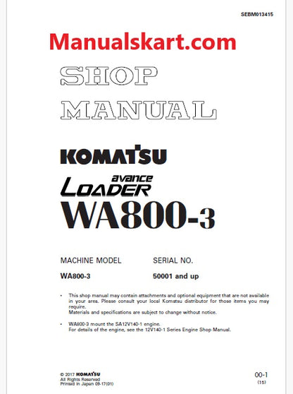 Komatsu Avance WA800-3 Wheel Loader Pdf Repair Service Manual Sn 50001 and UP
