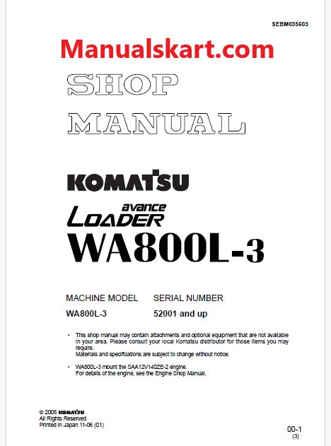 Komatsu Avance WA800L-3 Wheel Loader Pdf Repair Service Manual Sn 52001 and UP