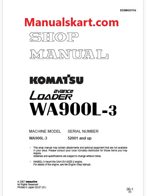 Komatsu Avance WA900L-3 Wheel Loader Pdf Repair Service Manual Sn 52001 and UP