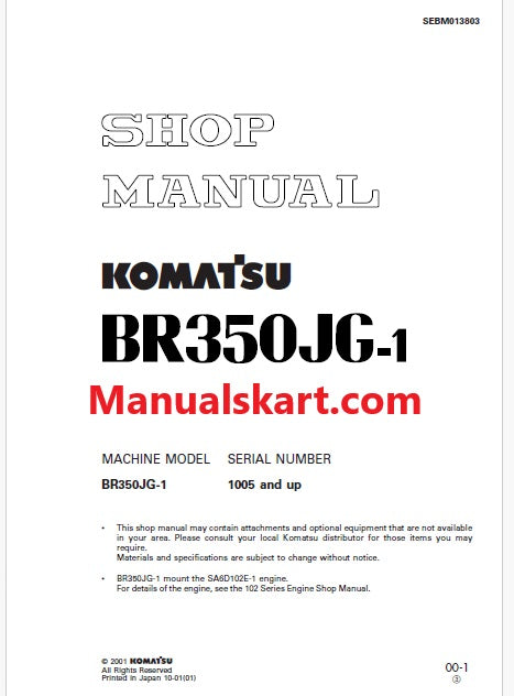 Komatsu BR350JG-1 Mobile Crusher Pdf Repair Service Manual Sn 1005 and UP