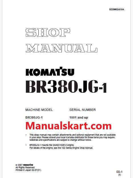 Komatsu BR380JG-1 Mobile Crusher Pdf Repair Service Manual Sn 1001 and UP