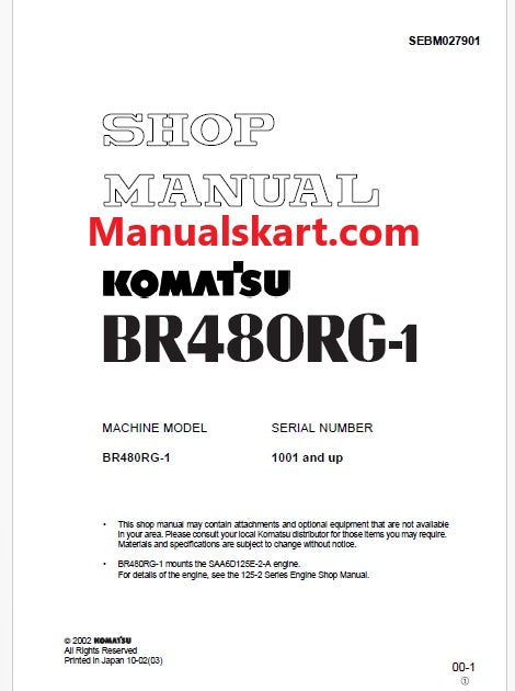 Komatsu BR480RG-1 Mobile Crusher Pdf Repair Service Manual Sn 1001 and UP