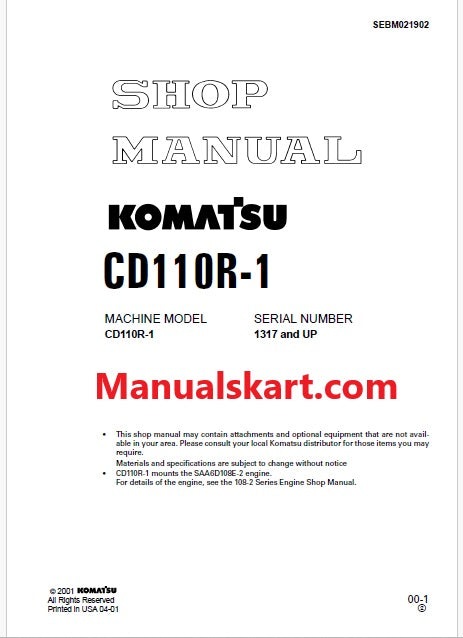 Komatsu CD110R-1 Crawler Carriers Pdf Repair Service Manual Sn 1317 and UP