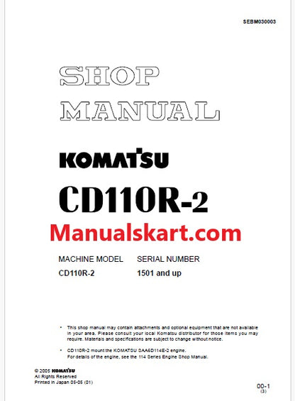 Komatsu CD110R-2 Crawler Carriers Pdf Repair Service Manual Sn 1501 and UP