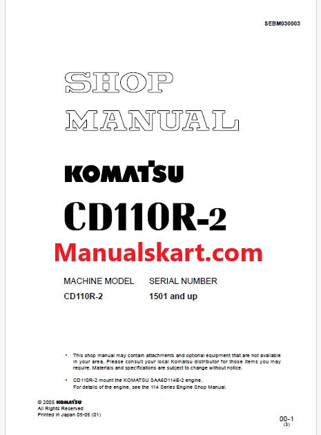 Komatsu CD110R-2 Crawler Carriers Pdf Repair Service Manual Sn 1501 and UP