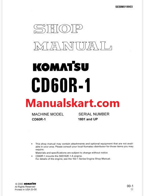 Komatsu CD60R-1 Crawler Carriers Pdf Repair Service Manual Sn 1801 and UP