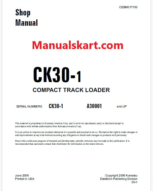 Komatsu CK30-1 Compact Track Loader Pdf Repair Service Manual Sn A30001 and UP