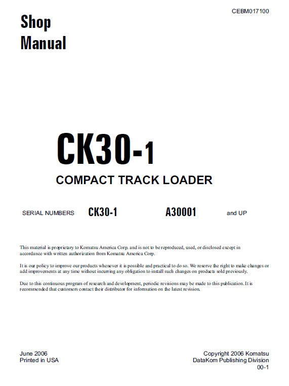 Komatsu CK30-1 Crawler Skid Steer Loader Pdf Shop Repair Service Manual (Sn A30001 And Up)