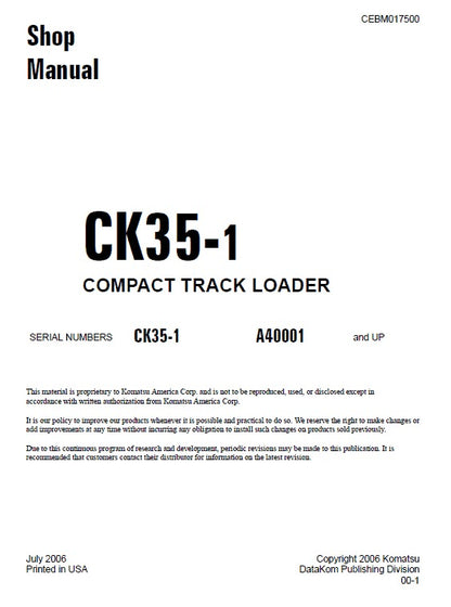 Komatsu CK35-1 Crawler Skid Steer Loader Pdf Shop Repair Service Manual (Sn A40001 And Up)