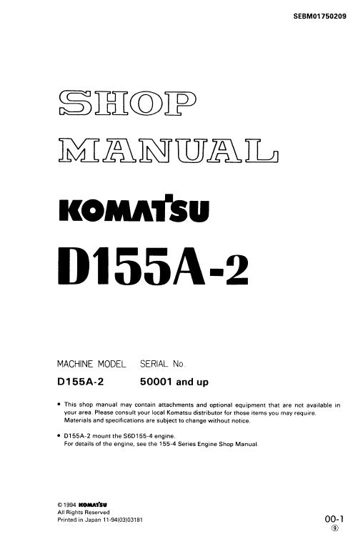 Komatsu D155a-2 Bulldozer Pdf Service Repair Manual (Sn 50001 And Up)