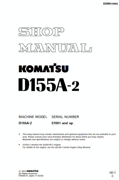 Komatsu D155A-2 Bulldozer Pdf Service Repair Manual (Sn 57001 And Up)