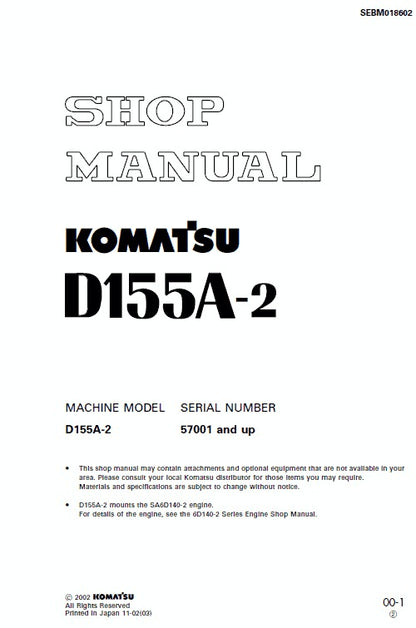 Komatsu D155A-2 Bulldozer Pdf Service Repair Manual (Sn 57001 And Up)