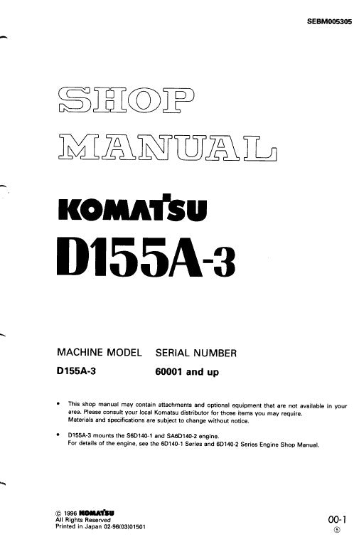 Komatsu D155A-3 Bulldozer Pdf Service Repair Manual (Sn 60001 And Up)