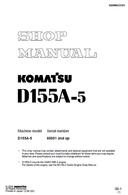 Komatsu D155A-5 Bulldozer Pdf Service Repair Manual (Sn 65001 And Up)