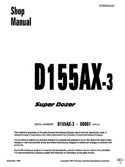 Komatsu D155AX-3 Super Dozer Bulldozer Pdf Service Repair Manual (Sn 60001 & Up) JPN