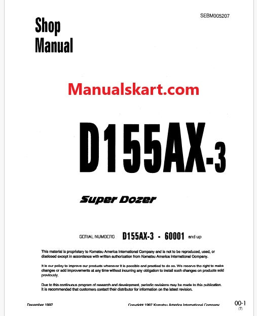 Komatsu D155AX-3 Super Dozer Pdf Shop Repair Service Manual Sn 60001 and UP