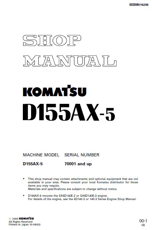 Komatsu D155AX-5 Dozer Pdf Service Repair Manual (Sn 70001 And Up) 2001