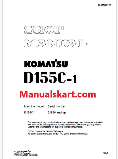 Komatsu D155C-1 Pipe Layer Pdf Repair Service Manual Sn 31586 and UP