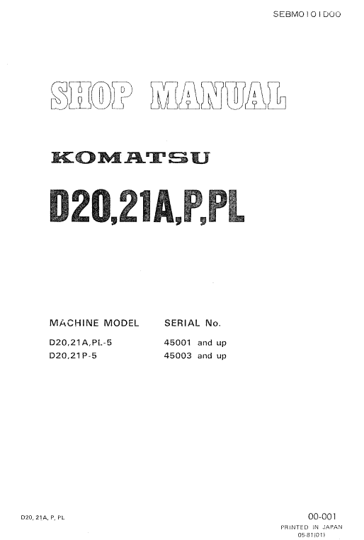 Komatsu D20-5, D21A-5, D21P-5, D21PL-5 Bulldozer Pdf Service Repair Manual