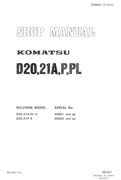 Komatsu D20-5, D21A-5, D21P-5, D21PL-5 Bulldozer Pdf Service Repair Manual