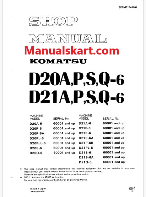 Komatsu D20A-6, D20P-6, D20P-6A, D20PL-6, D20PLL-6, D20S-6, D20Q-6 Bulldozer Pdf Repair Service Manual Sn 60001 and UP