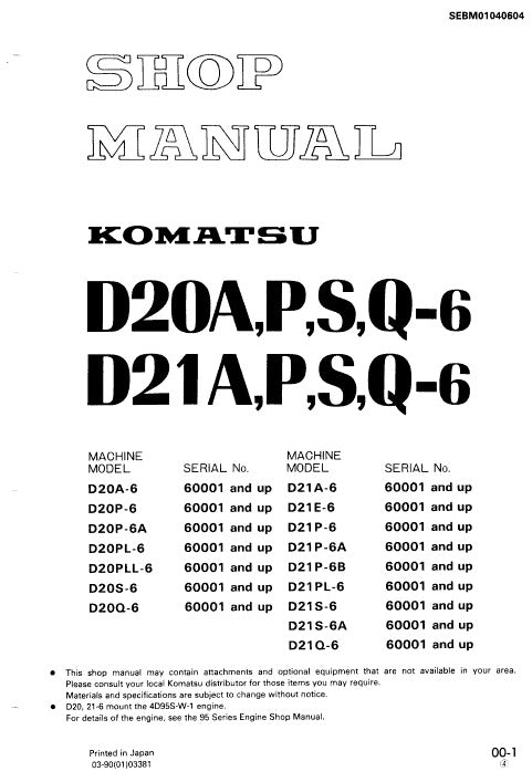 Komatsu D20A-6, D20P-6, D20P-6A, D20PL-6 Dozer Pdf Service Repair Manual